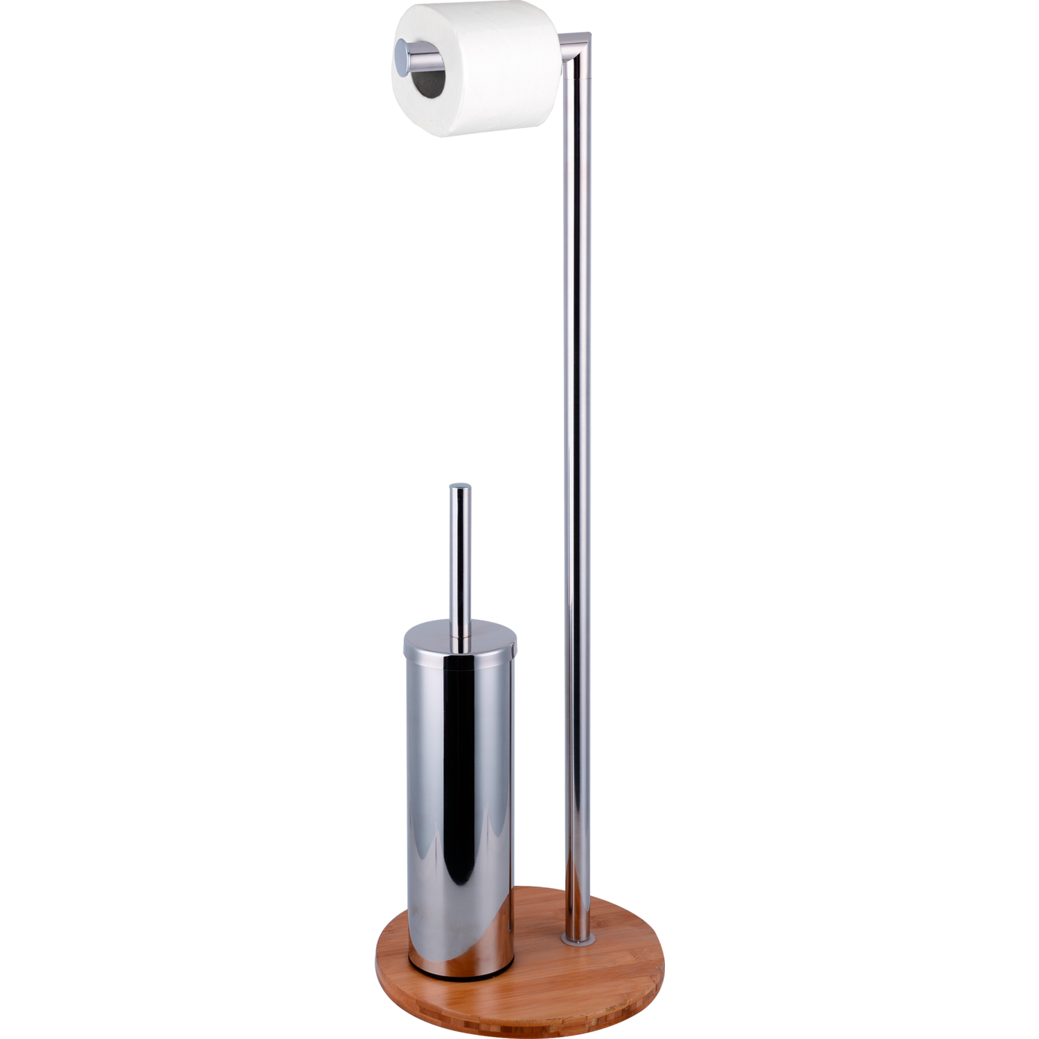 VESTIAMO CASA - Piantana Portascopino e Portarotolo in acciaio inox con base in bamboo - h69,5 cm diametro 22 cm